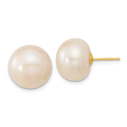 14k Yellow Gold 13-14mm White Button Freshwater Cultured Pearl Stud Earrings