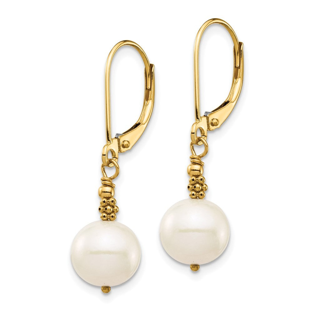 14k Yellow Gold 8-9mm White Near-Round Freshwater Cultured Pearl Dangle Earrings