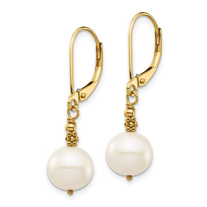 14k Yellow Gold 8-9mm White Near-Round Freshwater Cultured Pearl Dangle Earrings