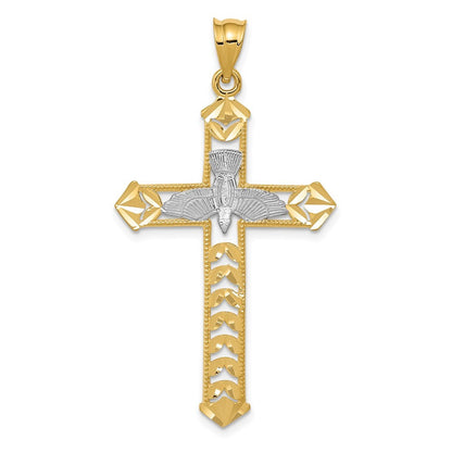 14k Yellow Gold W Rhodium Polished Diamond-Cut Dove Cross Pendant