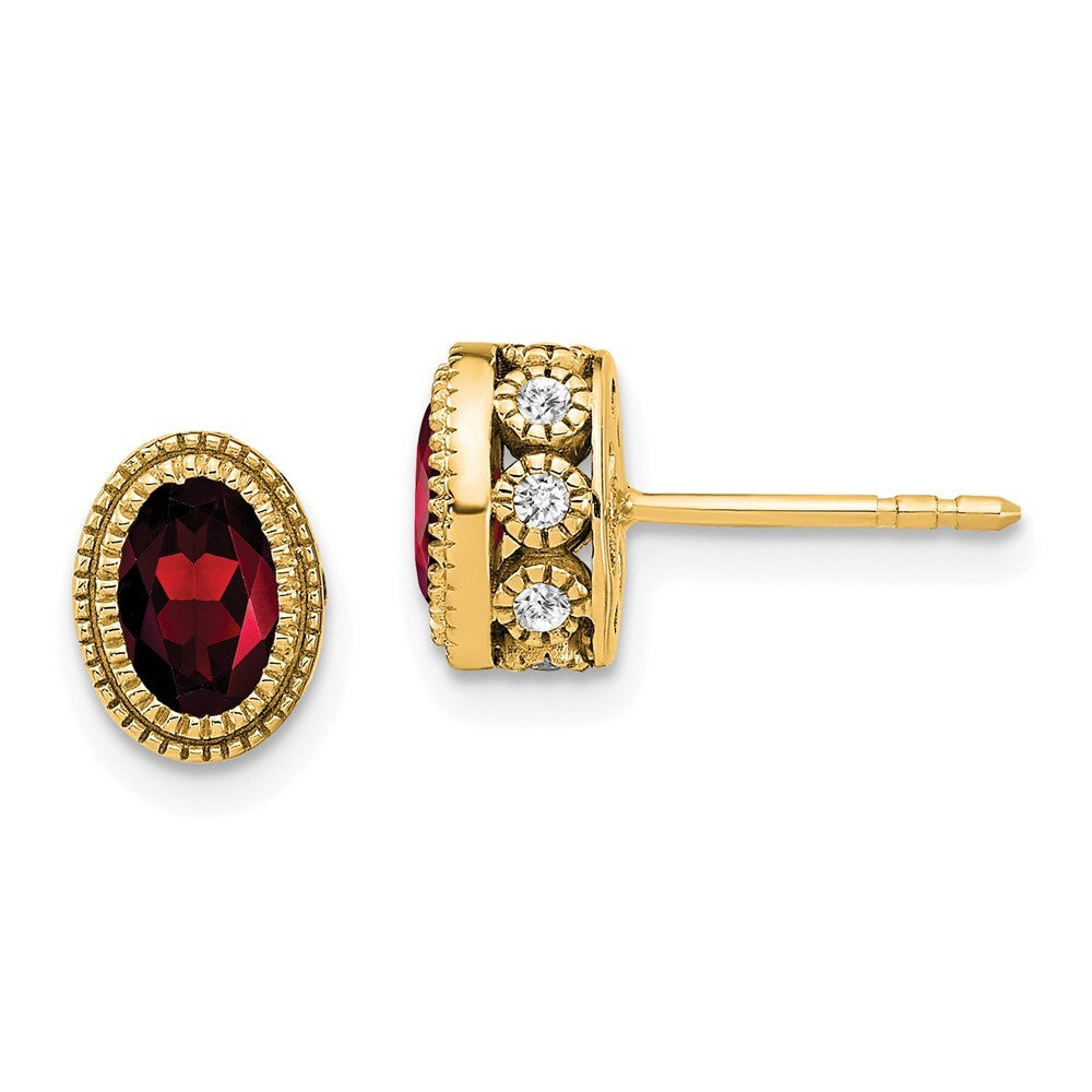 14k Yellow Gold Oval Garnet and Diamond Stud Earrings