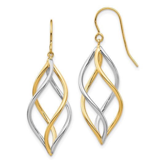 14K Two-Tone Twisted Polished Drop Dangle Earrings w/ Shepherd Hook