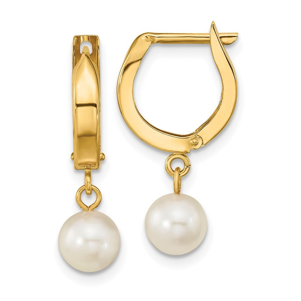 14k Yellow Gold 6-7mm Round Akoya Saltwater Cultured Pearl Hoop Dangle Earrings