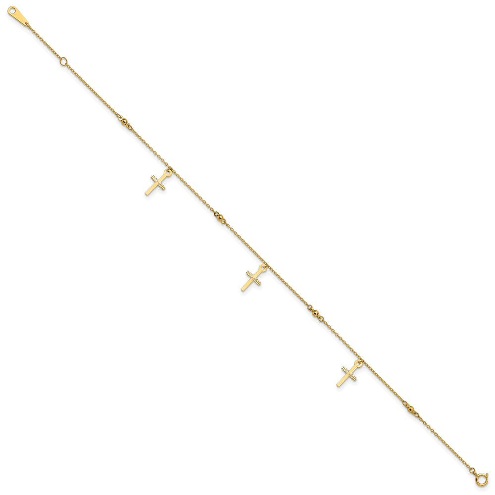 14k Yellow Gold Diamond-cut 3 Cross Dangles and Beads 10" Anklet