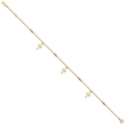 14k Yellow Gold Diamond-cut 3 Cross Dangles and Beads 10" Anklet