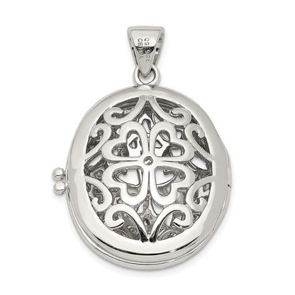 Sterling Silver Rhodium-plated Cubic Zirconia Fancy Filigree Oval 22mm Locket