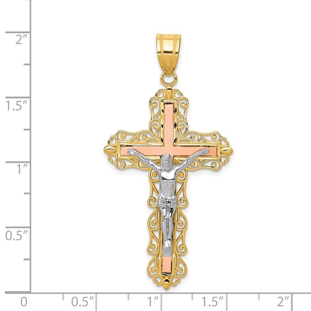14k Tri-Color Gold Tri-color Diamond-cut Crucifix Pendant for Women