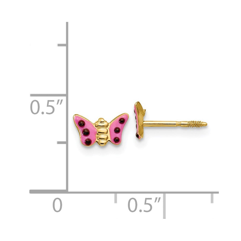 14k Yellow Gold Pink Enameled Butterfly Stud Earrings Gift for Women