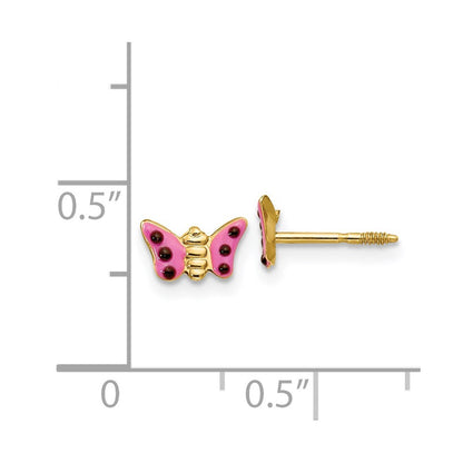 14k Yellow Gold Pink Enameled Butterfly Stud Earrings Gift for Women