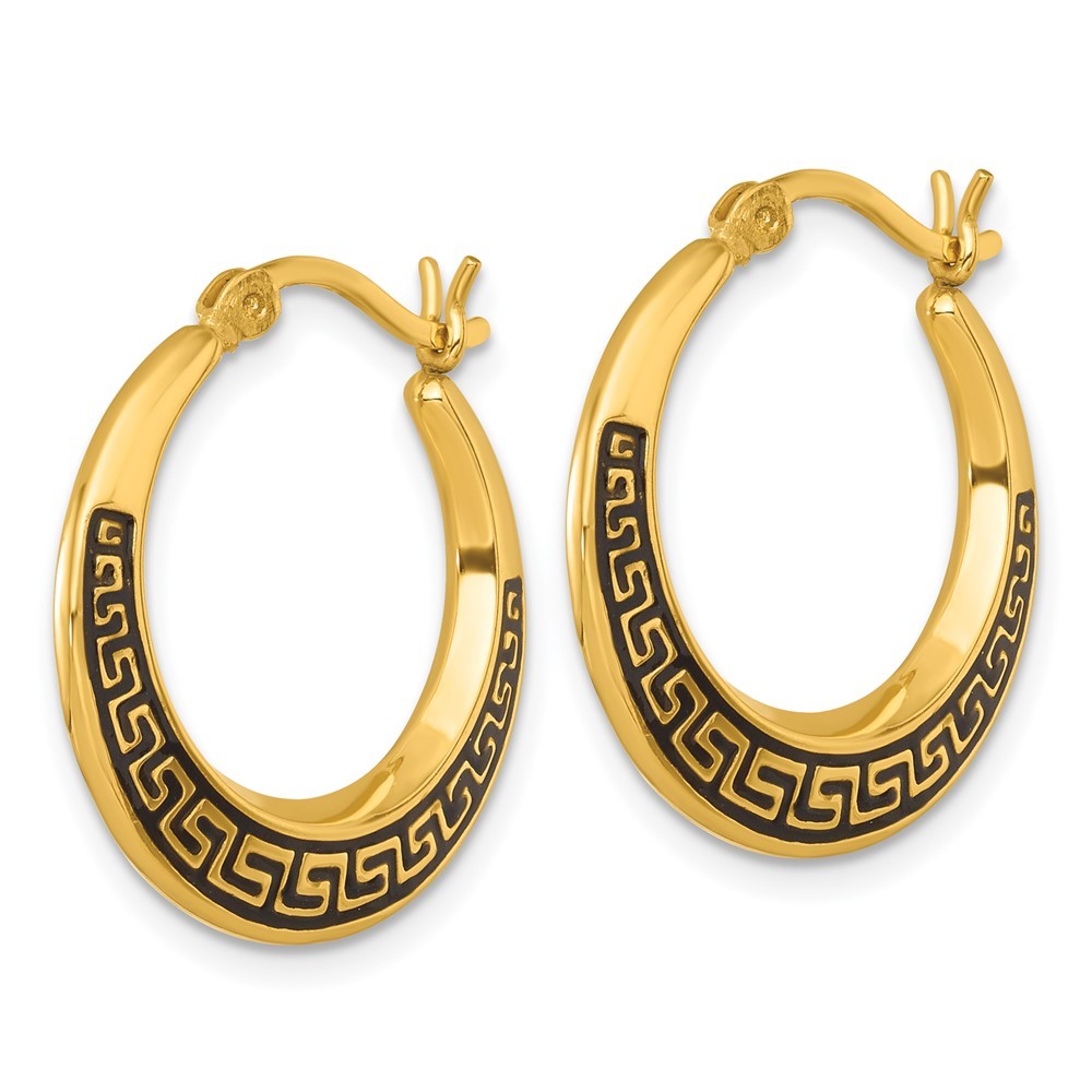 Sterling Silver Polished & Black Enameled Greek Key Hollow Hoop Earrings