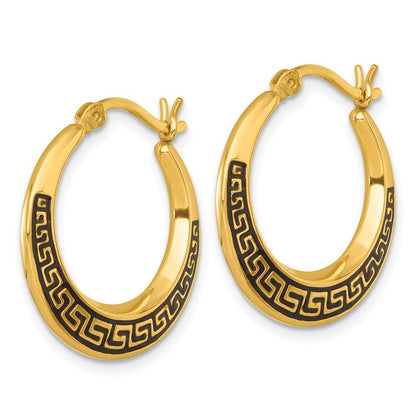 Sterling Silver Polished & Black Enameled Greek Key Hollow Hoop Earrings