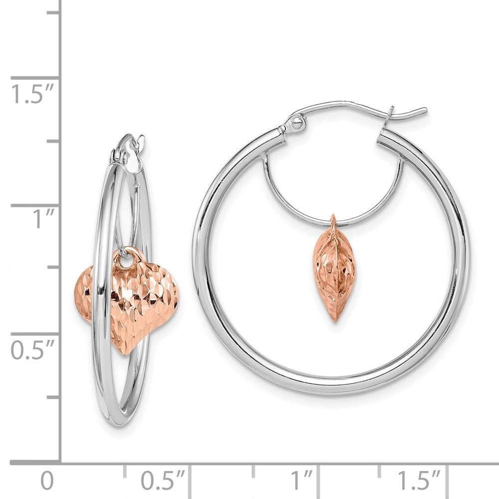 14k Two-tone Rose and White Diamond-Cut Heart Dangle Hoop Earrings