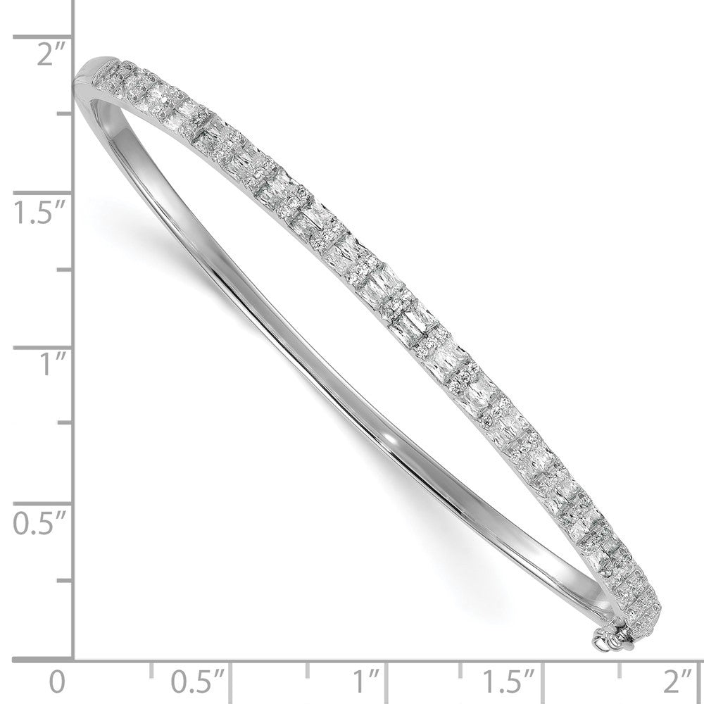 Sterling Silver Rhodium-plated  Round and Emerald-shape CZ Fancy Hinged Bangle