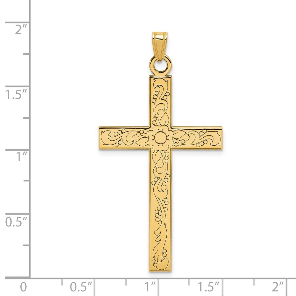 14k Yellow Gold Etched Floral Design Cross Pendant for Women