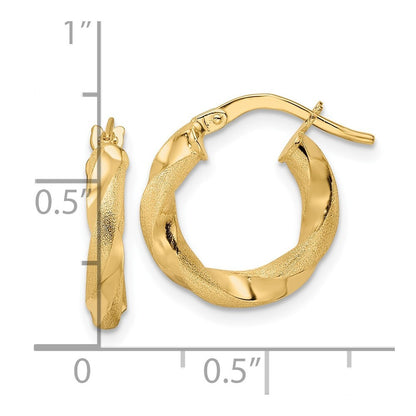 14k Yellow Gold Brushed and Polished Twisted Hoop Earrings Gift for Women
