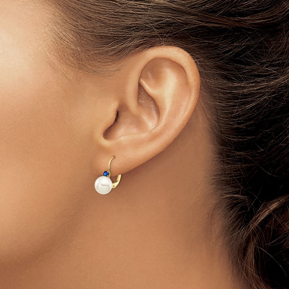 14k Yellow Gold 7-7.5mm White Round Cultured Pearl Sapphire Leverback Earrings