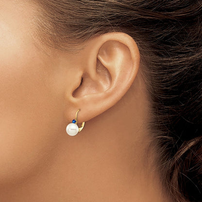 14k Yellow Gold 7-7.5mm White Round Cultured Pearl Sapphire Leverback Earrings