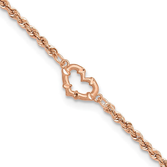 14k Rose Gold Diamond-cut Open Heart and Rope Chain 11 inch Anklet