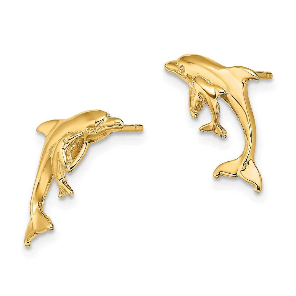 14k Yellow Gold Polished Dolphin and Baby Stud Earrings Gift for Women