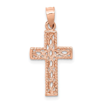 14k Rose Gold Rose Polished Braided Cross Pendant for Women