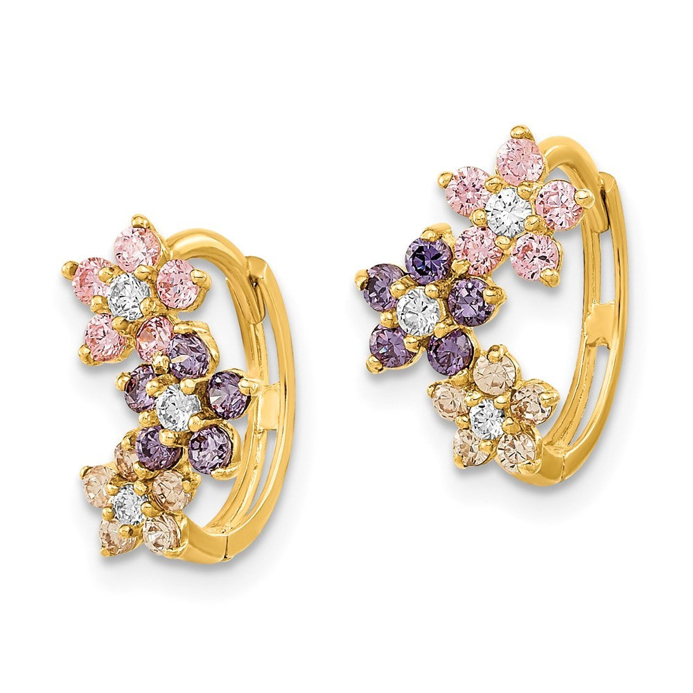 14k Yellow Gold Hinged Flower Multicolor CZ Hoop Earrings