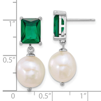Sterling Silver Semi-Round Cultured Pearl & Green Cubic Zirconia Dangle Earrings