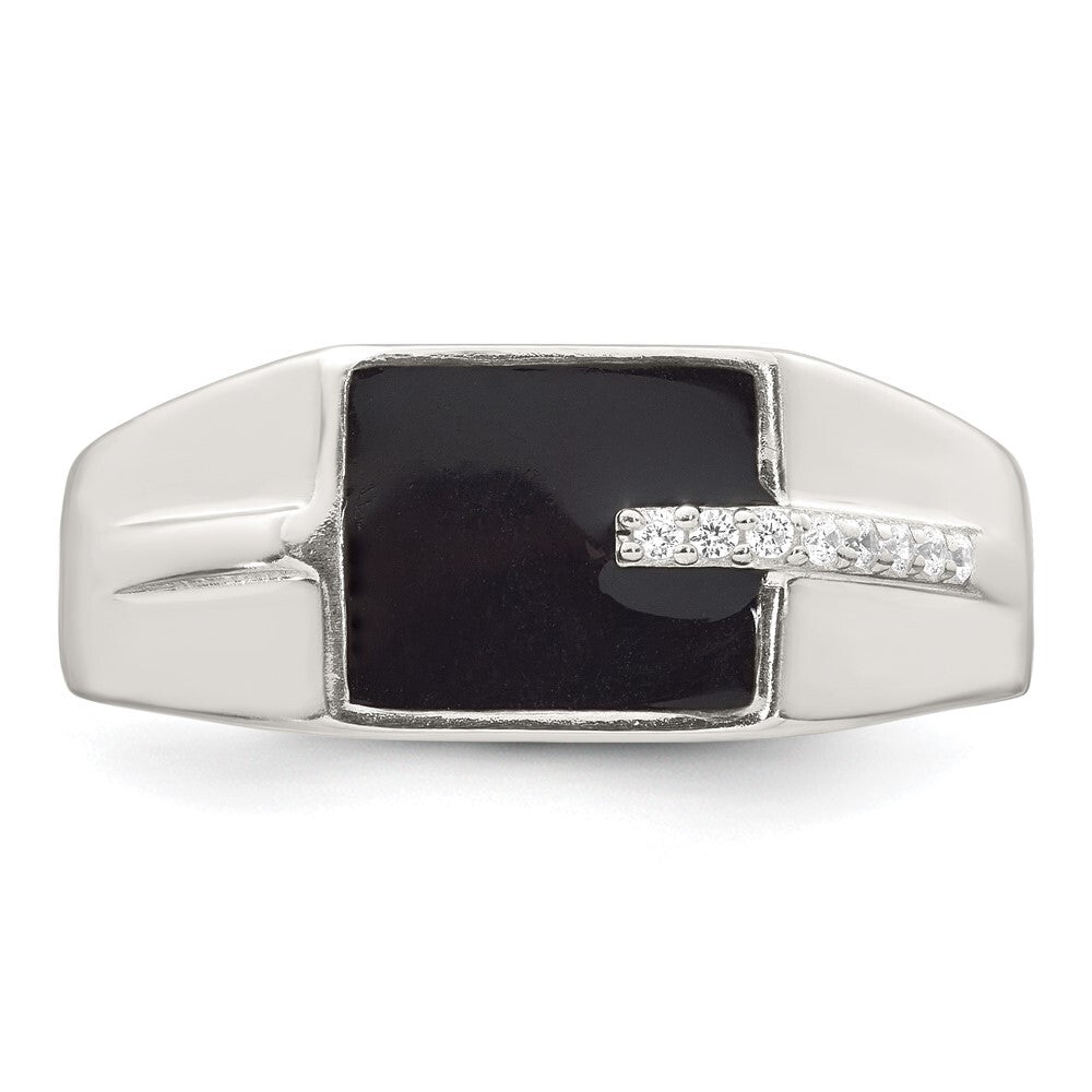 Sterling Silver Polished Black Enamel CZ Men's Signet Ring Size 11