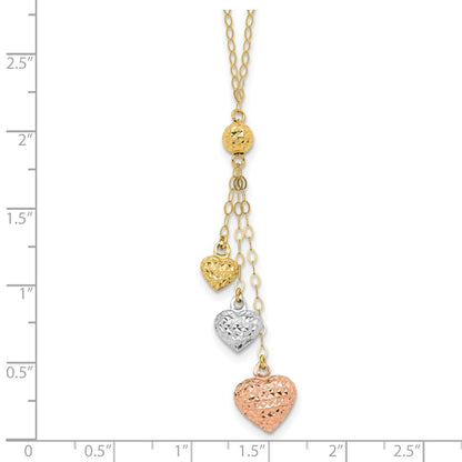 14k Tri-color Gold Puff Heart Lariat with 2in ext Necklace
