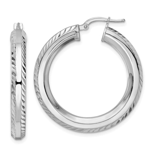 Sterling Silver Rhodium-plated 5x34mm Diamond-cut Octagon Tube Hoop Earrings