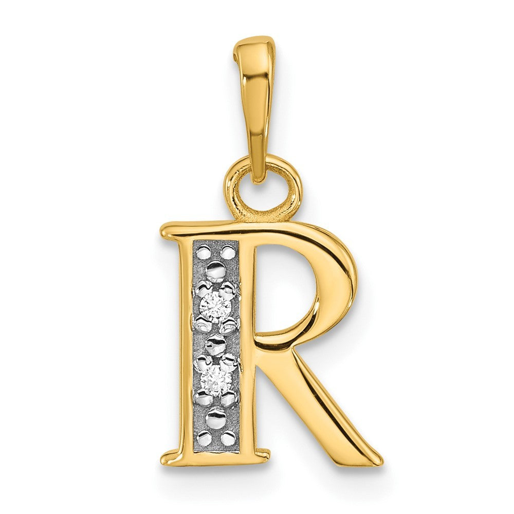 14k Yellow Gold with Rhodium Diamond Letter R Initial Pendant