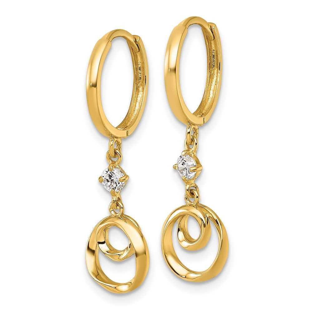 14k Yellow Gold Polished and Twisted Dangling Circle CZ Hinged Hoop Earrings