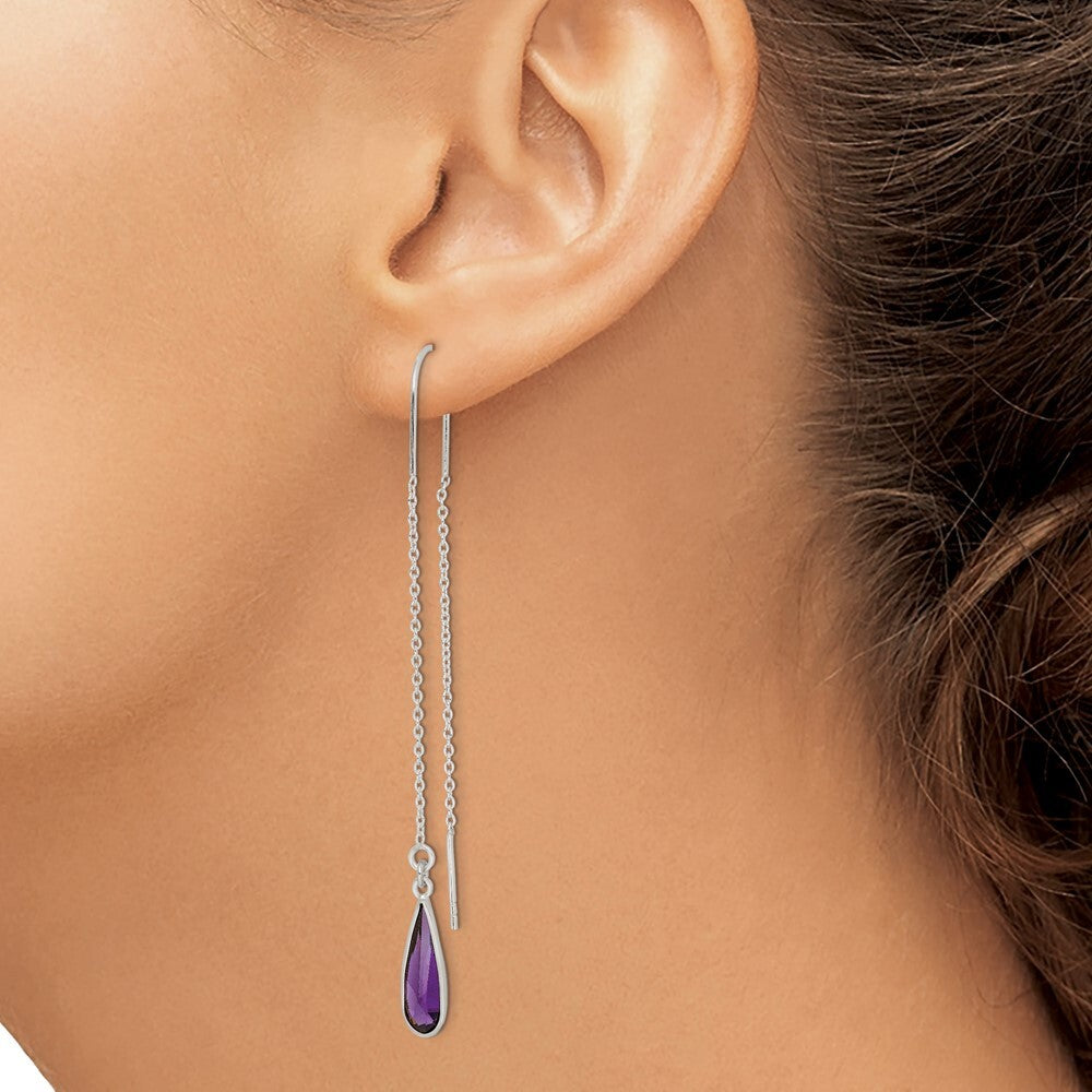Sterling Silver Polished Purple Cubic Zirconia Teardrop Threader Earrings
