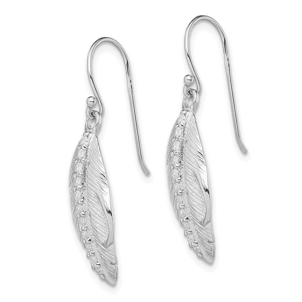 Sterling Silver RH-plated Cubic Zirconia Textured Feather Shepherd Hook Earrings