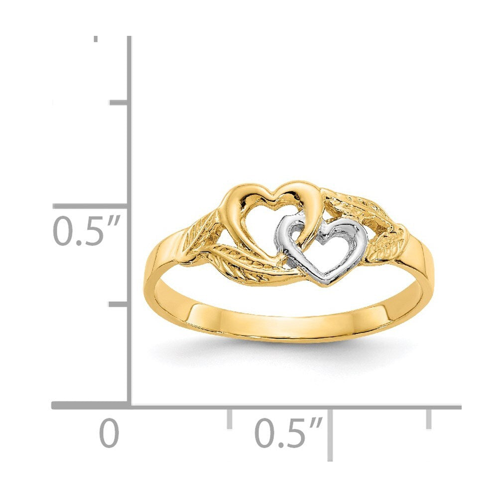 14K Yellow Gold and White Rhodium Polished 2 Hearts Ring