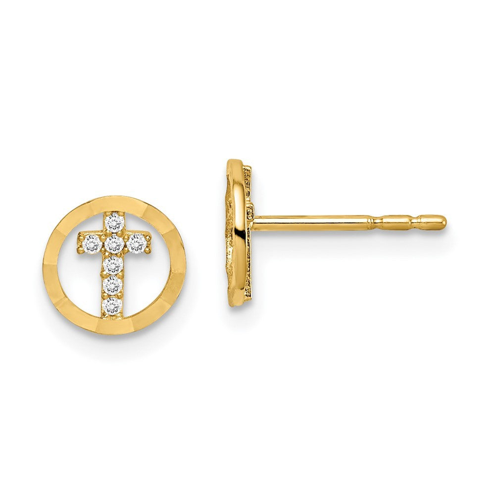 14k Yellow Gold CZ Diamond-Cut Circle Cross Earrings