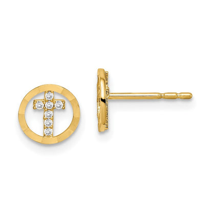 14k Yellow Gold CZ Diamond-Cut Circle Cross Earrings