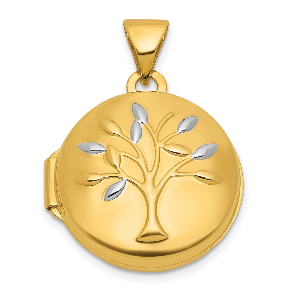 14k Yellow Gold & Rhodium Polished Tree Of Life 16mm Round Locket Pendant