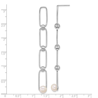 Sterling Silver 6-7mm Freshwater Cultured Pearl & Bead Long Link Dangle Earrings