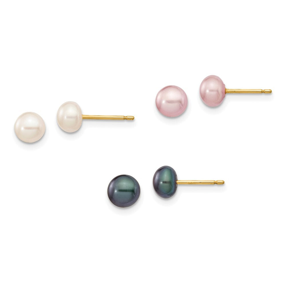 14k Yellow Gold 5-6mm Multicolor Button Cultured Pearl Stud Earrings 3 Pair Set