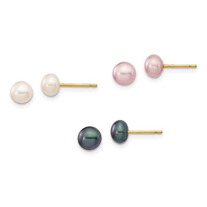 14k Yellow Gold 5-6mm Multicolor Button Cultured Pearl Stud Earrings 3 Pair Set