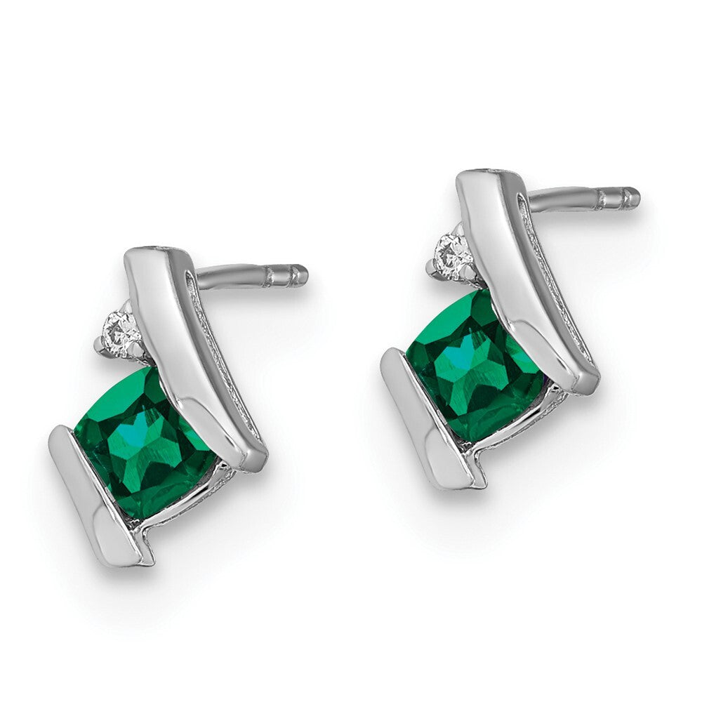 14K White Gold Cushion Cr. Emerald and Diamond Stud Earrings Gift for Women