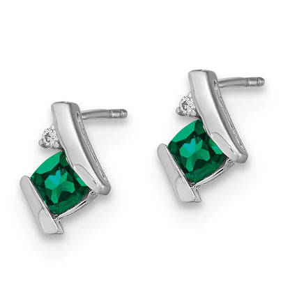 14K White Gold Cushion Cr. Emerald and Diamond Stud Earrings Gift for Women