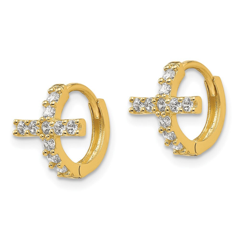 14k Yellow Gold Polished Cubic Zirconia Cross Hinged Hoop Earrings