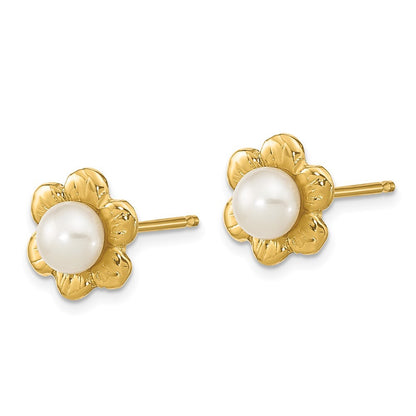 14k Yellow Gold 3-4mm Button Freshwater Cultured Pearl Flower Stud Earrings