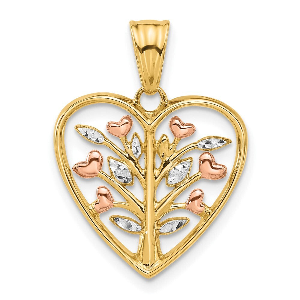 14k Yellow Gold Rose-plated White Rhodium Diamond-cut Branches in Heart Pendant