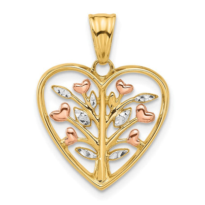 14k Yellow Gold Rose-plated White Rhodium Diamond-cut Branches in Heart Pendant