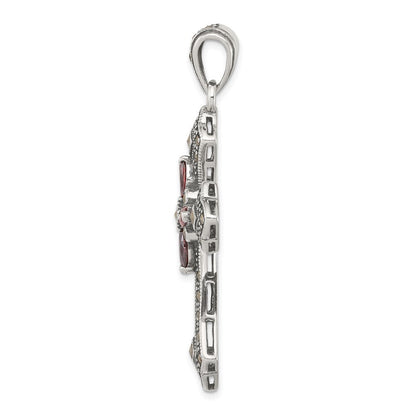 Sterling Silver Antiqued Red Marquise Cubic Zirconia Marcasite Cross Pendant