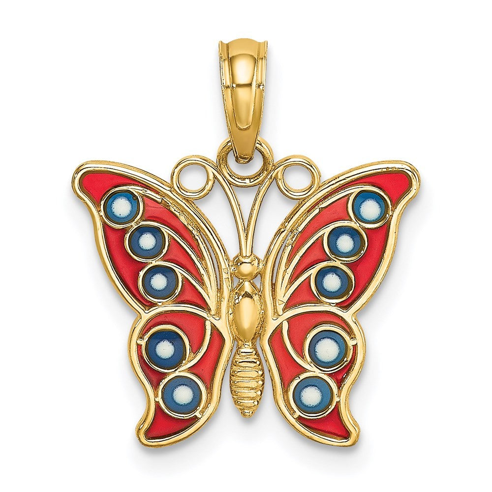 14k Yellow Gold Red and Blue Enameled Filigree Butterfly Charm