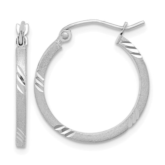 14k White Gold Satin Diamond-cut Square Tube Hoop Earrings Gift for Women