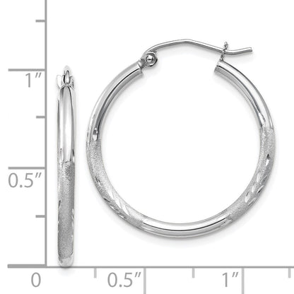14k White Gold Satin and Diamond-cut 2mm Round Hoop Earrings Gift for Women